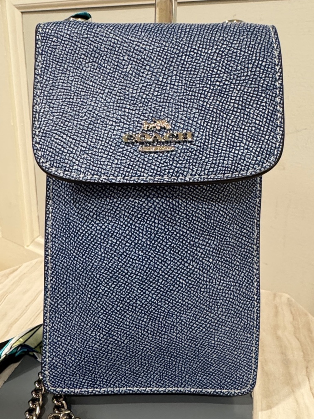 Coach North South Light Denim Blue Leather Crossbody Phone Pouch with Chain - Picture 5 of 17
